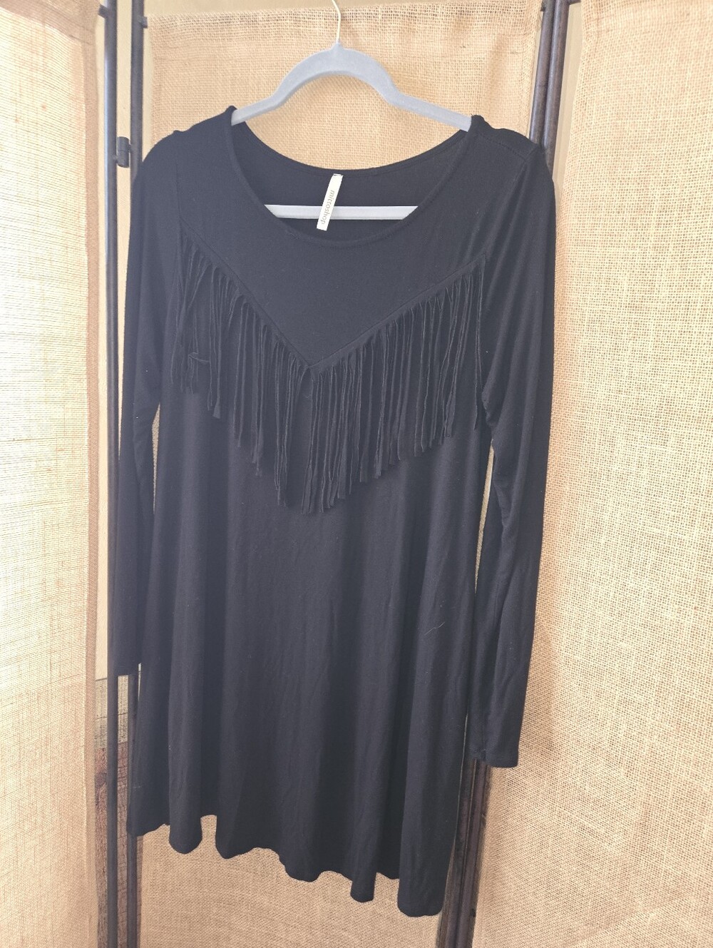 Mittoshop Black Fringe Long Sleeve Tunic Top Large Pockets Cowgirl